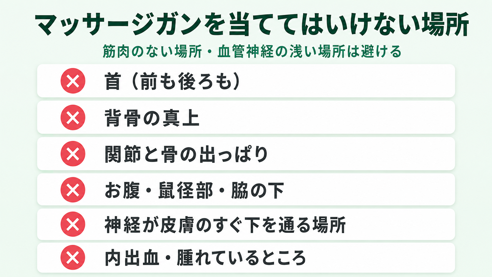 マッサージガンを当ててはいけない場所6つをまとめた図解